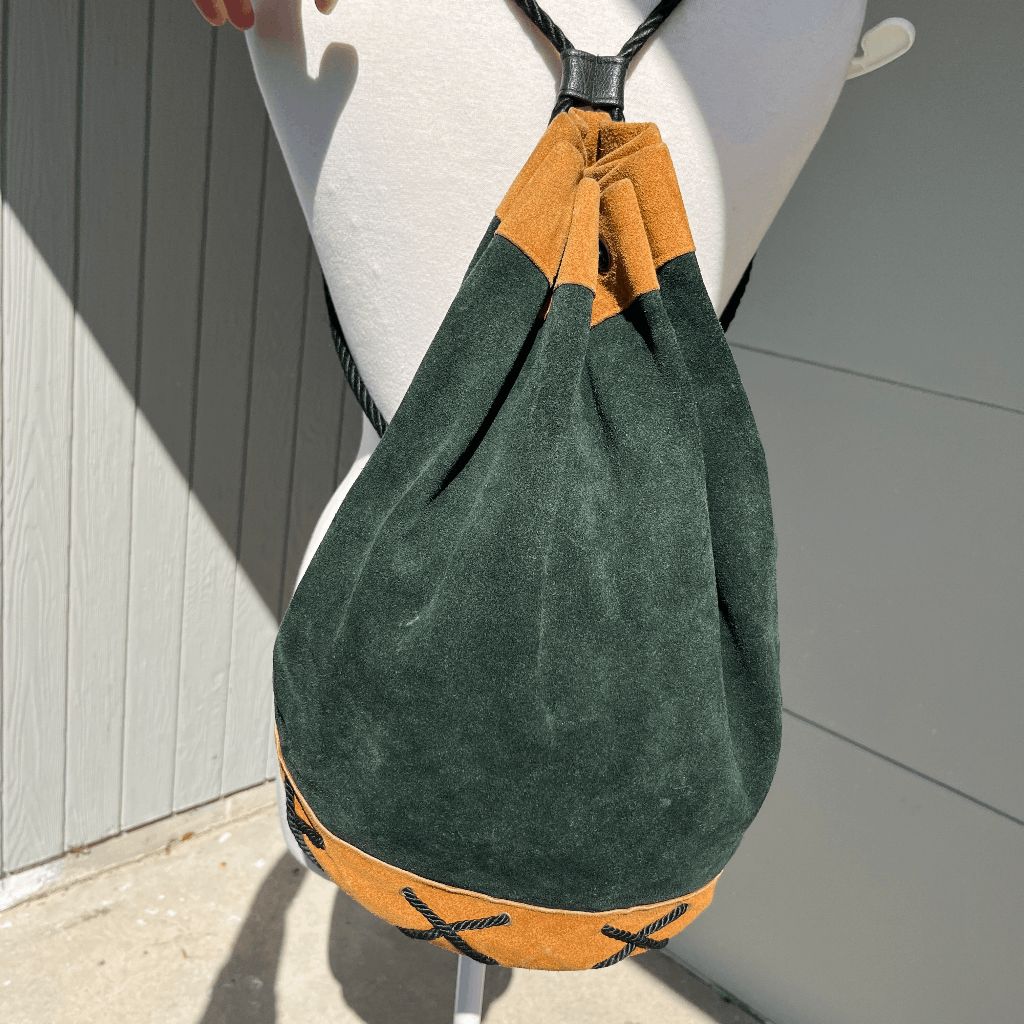 Vtg Forest Green Suede Leather Drawstring Backpack Usa Boho Minimalist